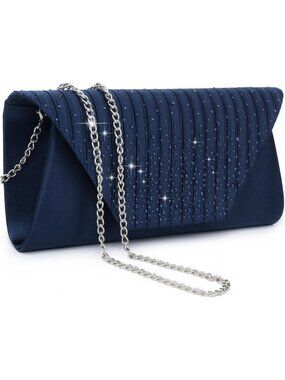 Women’s Navy Blue Clutch Purse With Detachable Chain Wedding Formal Evening Bag